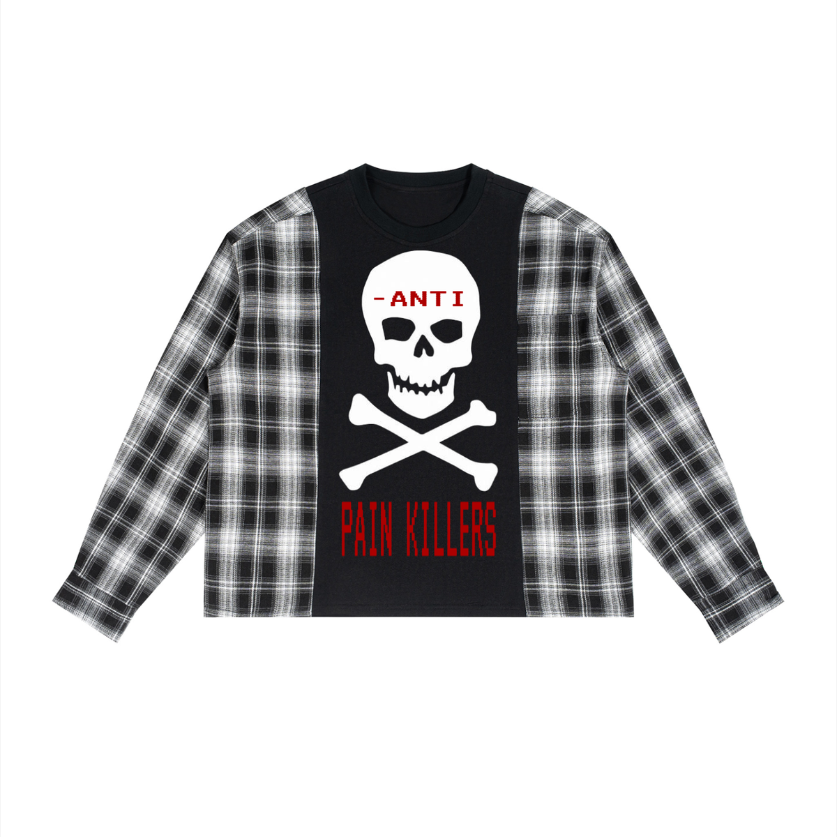 "ANTI PAINKILLERS" Plaid Panel Long Sleeve T-Shirt