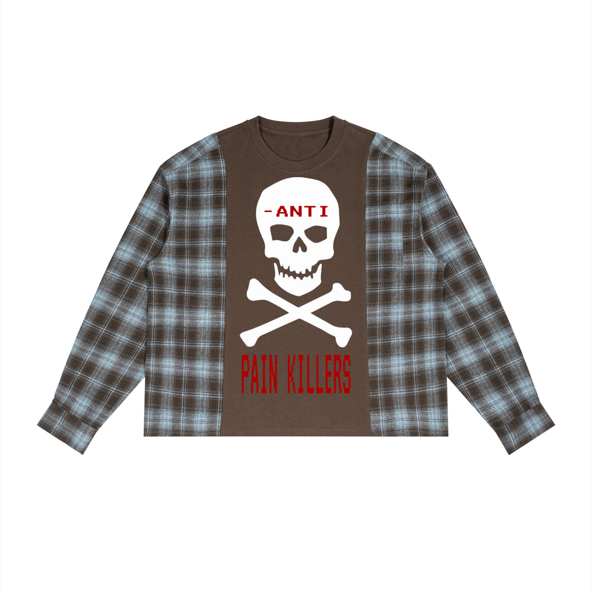 "ANTI PAINKILLERS" Plaid Panel Long Sleeve T-Shirt