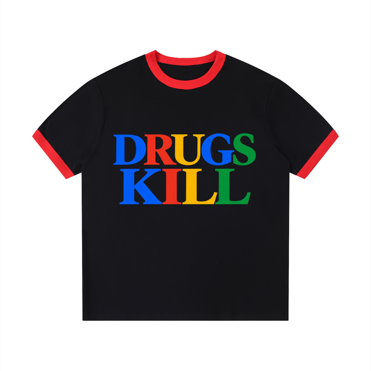 "DRUGS KILL" Contrast Edge Ribbed Crewneck T-Shirt