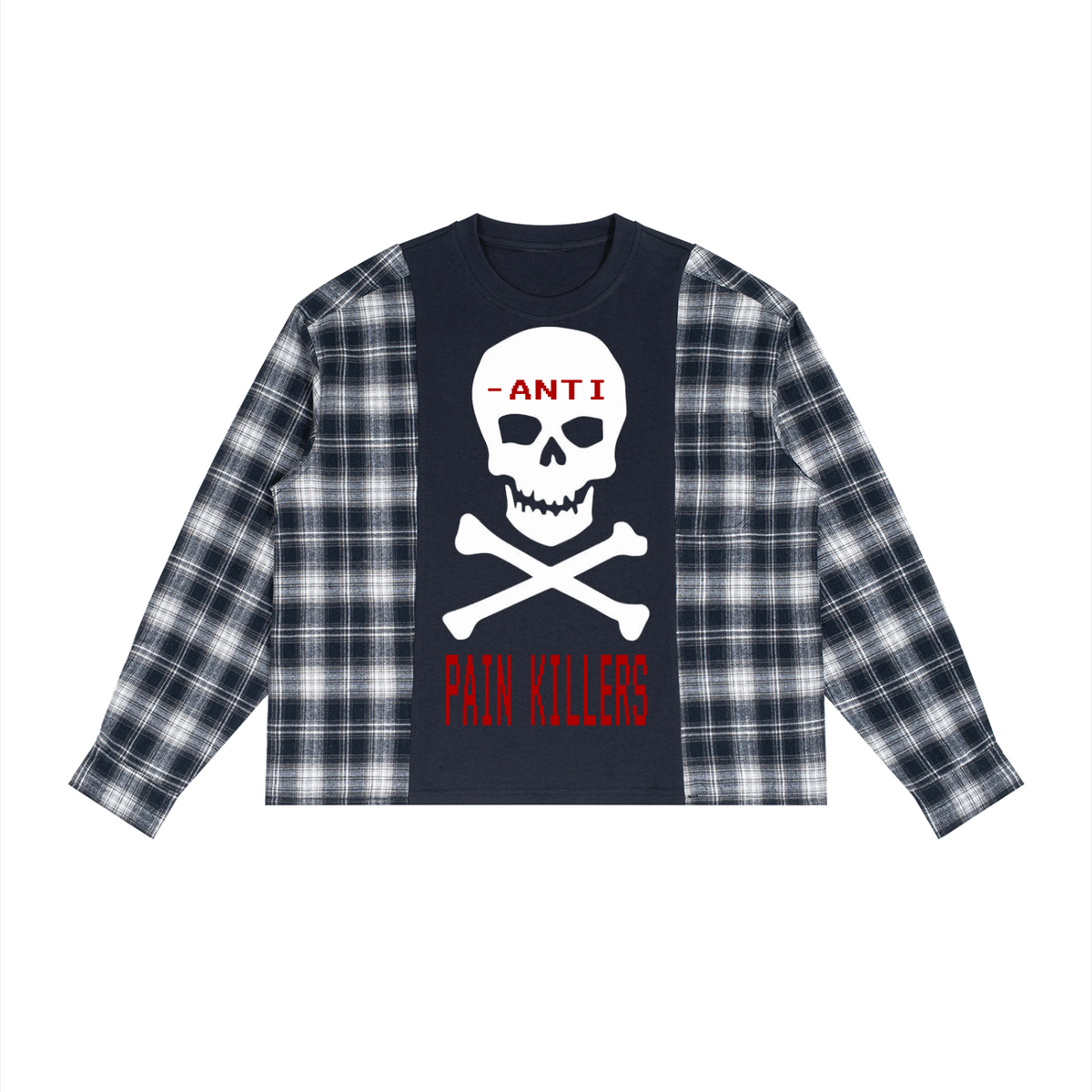 "ANTI PAINKILLERS" Plaid Panel Long Sleeve T-Shirt